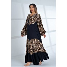 Keyifli Moda Kadın Siyah Balon Kol Leopar Desen Garnili Oversize Uzun Elbise