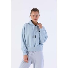 Maraton Oversize Kadın Kapşonlu  Uzun Kol Sisli Mavi Sweatshirt 20335
