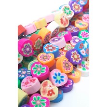 Hayalperest Boncuk Çiçek Desenli Kalp Model Fimo Hamur Boncuk
