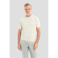 Sabri Özel Erkek Bej Renkli Triko T-Shirt Regular Fit Yazlık Ince Dokuma Şeritli