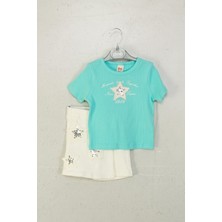 Yıldız Pul Detaylı Ribana Kısa Kol Tişört ve Şort Etek Bayramlık Özel Gün Kız Çocuk Takım