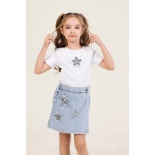 Yıldız Pul Detaylı Ribana Kısa Kol Tişört ve Şort Etek Bayramlık Özel Gün Kız Çocuk Takım