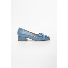 Dilimler Ayakkabı Fiyonklu Rugan Mavi Kadın Topuklu Ayakkabı