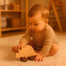 Alg Wood Ahşap El Yapımı Doğal Montessori Gergedan Tekerlekli Oyuncak - 5057
