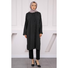 İmaj Butik Siyah Çizgili Yırtmaçlı Tunik
