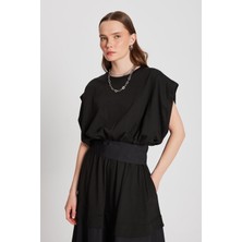 Kadın Siyah Örme ve Dokuma Garnili Tasarım Bluz 29157