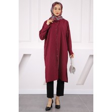 İmaj Butik Bordo Çizgili Yırtmaçlı Tunik