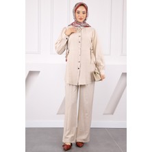 İmaj Butik Bej Bel Bağlamalı Tunik Pantolonlu Takım