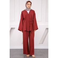 Bordo Bel Bağlamalı Modal Kimono Pantolonlu Takım