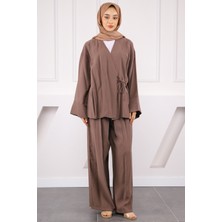 Vizon Bel Bağlamalı Modal Kimono Pantolonlu Takım
