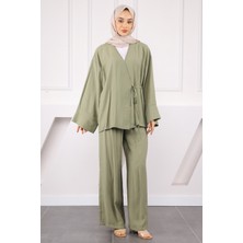 İmaj Butik Haki Bel Bağlamalı Modal Kimono Pantolonlu Takım