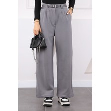 İmaj Butik Gri Çift Pileli Kemerli Likralı Palazzo Pantolon