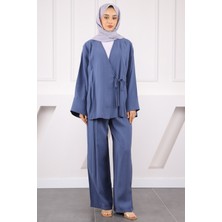 Indigo Bel Bağlamalı Modal Kimono Pantolonlu Takım