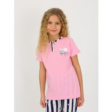 Kız Çocuk Kısa Kollu Düğme Detaylı %100 Pamuklu Pijama Takımı Princess Heart