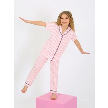 Kız Çocuk Kısa Kollu Düğmeli %100 Pamuklu Pijama Takımı Pinky