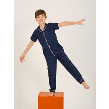 Erkek Çocuk Kısa Kollu Düğmeli %100 Pamuklu Pijama Takımı Beta