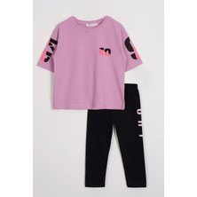 Zepkids Kısa Kol Yazı Baskılı Lila Renk Kız Çocuk Taytlı Takım