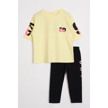 Zepkids Kısa Kol Yazı Baskılı Sarı Renk Kız Çocuk Taytlı Takım