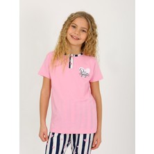Kız Çocuk Kısa Kollu Düğme Detaylı %100 Pamuklu Pijama Takımı Princess Heart