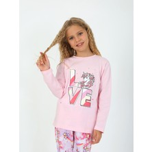 Kız Çocuk Uzun Kollu %100 Pamuklu Pijama Takımı Star Love Toz Pembe