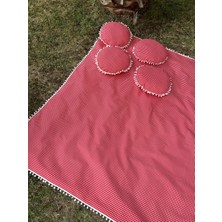 Zeren Home Ponponlu Sıvı Geçirmez Keten Masa Piknik Örtüsü 170 x 170 , 4 Yuvarlak Minder