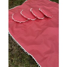 Zeren Home Ponponlu Sıvı Geçirmez Keten Masa Piknik Örtüsü 170 x 170 , 4 Yuvarlak Minder