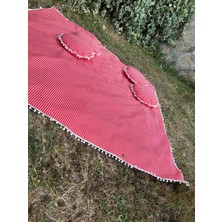 Zeren Home Ponponlu Sıvı Geçirmez Keten Masa Piknik Örtüsü 170 x 170 , 4 Yuvarlak Minder