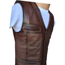 SAVRAN DERİ Kahverengi Klasik Kesim Hakiki Deri Yelek Erkek Slim Fit Kolsuz Tasarım