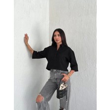 Kadın Crop Yakalı Gömlek Üç Çeyrek Sleeve Kol - Siyah