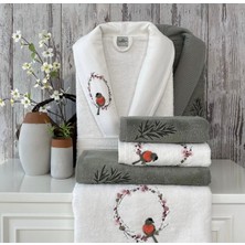 Nakışlı Bambu 6 Parça Aile Bornoz Takımı Krem- Mint