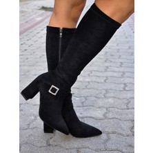 Siba Shoes Aurora Kalın Topuk Taşlı Toka Detaylı Sivri Burun Siyah Kadın Çorap Çizme