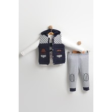 Mini Baray Bıyıklı Desenli Şişme Yelekli Erkek Çocuk Takımı – 2-4 Yaş Pamuklu