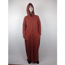 Kadın Kiremit Düğmeli Kapüşonlu Uzun Kollu Çift Cepli Uzun Mevsimlik Kap Pardesü