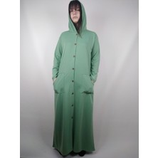 Kadın Mint Yeşili Düğmeli Kapüşonlu Uzun Kollu Çift Cepli Uzun Mevsimlik Kap Pardesü