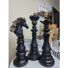 Dekoratif Büyük Boy (40 cm ) Polyester Siyah 3'lü Set Satranç Biblo Takımı