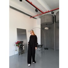 TKM-1103 Siyah Oysh Kumaş Crop Salaş Bluz Bel Lastikli Palazzo Alt Ikili Takım