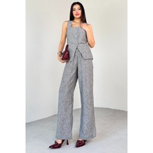 Cappmoda TKM-13275 Gri Kare Yaka Yelek Bağlamalı Pantolon Keten Ikili Takım