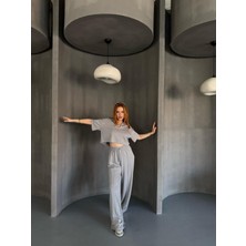 TKM-1112 Boyama Gri Oysh Kumaş Polo V Yaka Bluz Bel Lastikli Palazzo Alt Ikili Takım