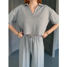 TKM-1112 Boyama Gri Oysh Kumaş Polo V Yaka Bluz Bel Lastikli Palazzo Alt Ikili Takım