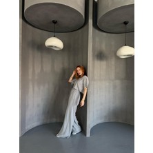 TKM-1112 Boyama Gri Oysh Kumaş Polo V Yaka Bluz Bel Lastikli Palazzo Alt Ikili Takım