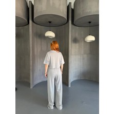 TKM-1112 Boyama Gri Oysh Kumaş Polo V Yaka Bluz Bel Lastikli Palazzo Alt Ikili Takım
