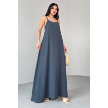 ELB-01776 Antrasit Ayarlanabilir Askılı Uzun Elbise