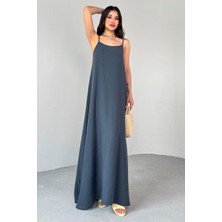 ELB-01776 Antrasit Ayarlanabilir Askılı Uzun Elbise