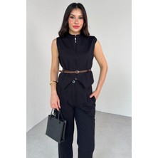 Cappmoda TKM-13282 Siyah Fermuarlı Kemerli Yelek Pensli Pantolon Ikili Takım