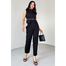 Cappmoda TKM-13282 Siyah Fermuarlı Kemerli Yelek Pensli Pantolon Ikili Takım