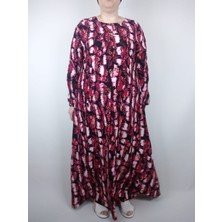 Kadın Bordo Bisiklet Yaka Uzun Kollu Kol Bilek Lastikli Yazlık Viskon Uzun Anne Elbise 2 cm Suya Çeker