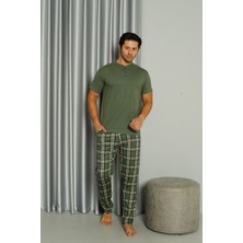 Işılay Yeşil Önden 3 Düğmeli Ekose Pijamalı Kısa Kollu Erkek Pijama Takımı 19041-Y