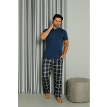 Işılay Indigo Önden 3 Düğmeli Ekose Pijamalı Kısa Kollu Erkek Pijama Takımı 19041-İ
