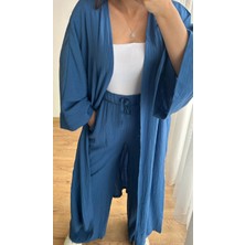 Gofre Kumaş Uzun Kimono Pantolon Takım