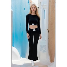 Uzun Kollu Crop Yüksel Bel Fitilli Ispanyol Paça Tayt Alt-Üst TAKIM-42026